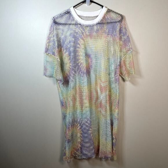 Womens Tie Dye Sheer Mesh Rainbow Oversized Stretchy Short Sleeve Coverup Tee - Picture 1 of 7